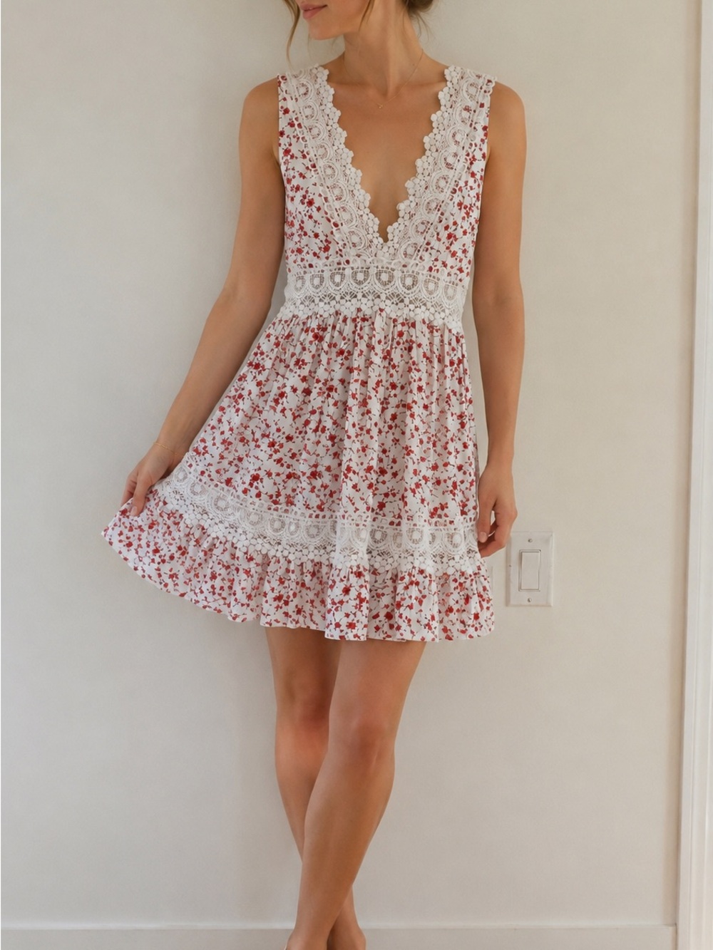 Angel Biba White Floral Lace Mini Dress S Romantic Cottagecore Boho Dress - Picture 2 of 14